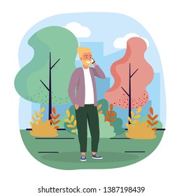 man with smartphone communication technology and trees