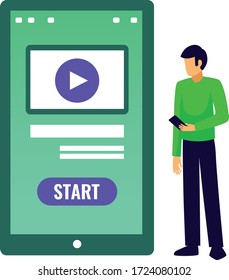 
Mann mit Smartphone, Konzept von Start und Spiel einzeln auf weißem Hintergrund