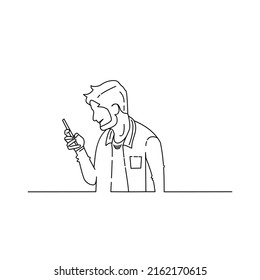 Hombre con smartphone, línea continua, estilo de arte de línea, minimalista, ilustración vectorial para camiseta, lema de diseño gráfico de estilo, medios sociales.