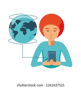 man with smartphone device and planet earth