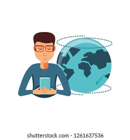 man with smartphone device and planet earth