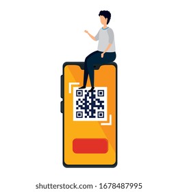 man and smartphone device with scan code qr vector illustration design