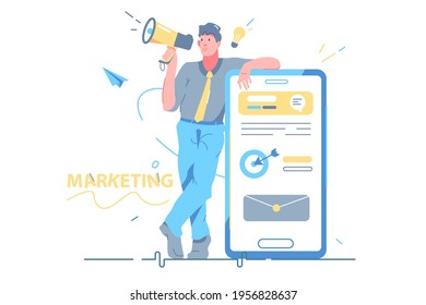 Man with smartphone digital marketing vector illustration. Website, landing page on mobile phone flat style. Sale and promotion, mobile marketing concept. Isolated on white background