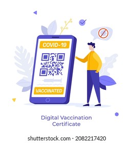 Man and smartphone with digital vaccine certificate with QR code on screen. Concept of mobile application to prove vaccination status, proof of COVID-19 immunity. Modern flat vector illustration.