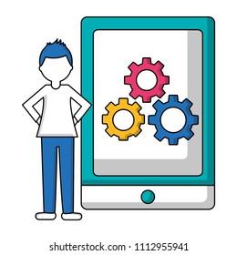 man and smartphone with gears teamwork