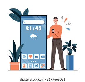 Man with smartphone. Guy looks at main screen of phone. Graphic elements, interface. People and gadgets. Devices and modern technologies, character check time. Cartoon flat vector illustration