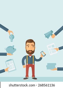Man with smartphone in hand has a lot of of task and paperwork suitable for time management business concept. A contemporary style with pastel palette, soft blue tinted background. Vector flat design