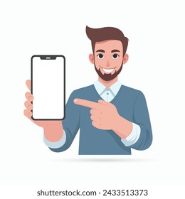 Man with smartphone in hand show empty display. Cartoon style male holding phone in hand.Vector illustration