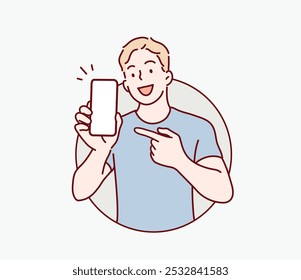 Homem com smartphone na mão mostra tela vazia. Ilustrações de design de vetor de estilo desenhado à mão.