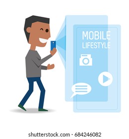 man with smartphone in the hand and technological apps