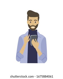 Man with smartphone in hands typing message and smile isolated cartoon character. Vector bearded guy with phone chatting in telephone, cartoon style character