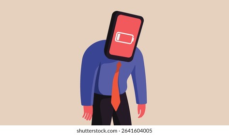Man with a smartphone head displays a red low battery icon, empty battery concept of burnout, exhaustion, digital fatigue, tech overload and mental depletion, vector flat illustration