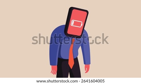 Man with a smartphone head displays a red low battery icon, empty battery concept of burnout, exhaustion, digital fatigue, tech overload and mental depletion, vector flat illustration