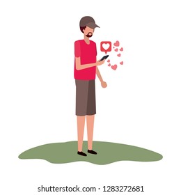 man with smartphone and heart character