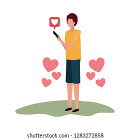 man with smartphone and heart character