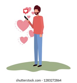 man with smartphone and heart character