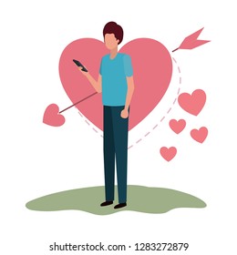 man with smartphone and heart character