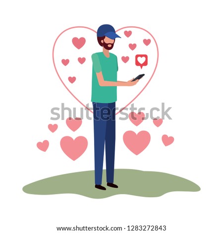 man with smartphone and heart character