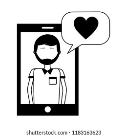 man in smartphone with heart and speech bubble