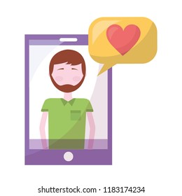 man in smartphone with heart and speech bubble