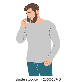 A man with a smartphone in his hand, calling on a mobile phone or listening to a message. Flat vector illustration.