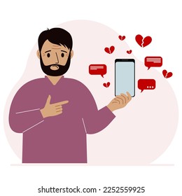 A man with a smartphone in his hand. The concept of correspondence, communication, social networks. Lots of broken hearts. Vector flat illustration