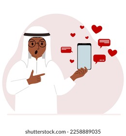 A man with a smartphone in his hand. The concept of correspondence, communication, social networks. Lots of hearts. Vector flat illustration