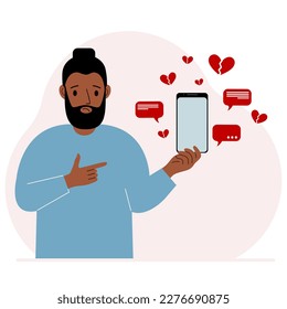 A man with a smartphone in his hand. The concept of correspondence, communication, social networks. Lots of broken hearts. Vector flat illustration