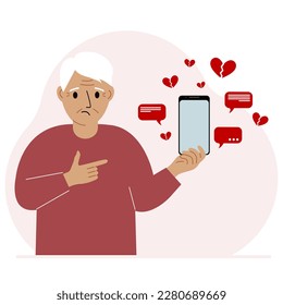 Un hombre con un smartphone en la mano. El concepto de correspondencia, comunicación, redes sociales. Muchos corazones rotos. Ilustración plana del vector
