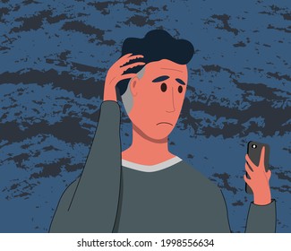 A man with a smartphone is holding his head, Stressed man vector illustration.