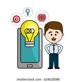 man with smartphone idea bulb and health mental icons
