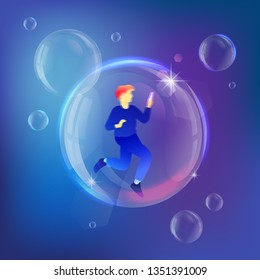 Man with smartphone inside soap bubble. Vector metaphor of device addiction and personal crisis.  