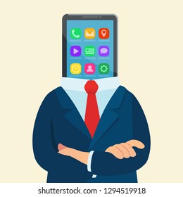 Man with a smartphone instead of a head. Smartphone addiction. Cartoon,
flat vector illustration.