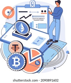 Man with smartphone invests in cryptocurrency. Stock market open-source program, digital payment system. Internet currency and blockchain technology. Cryptocurrency transactions via phone app
