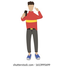 Man with smartphone. Isolated character on white background. Flat design. Can be used for illustration of articles, blogs, websites, stickers, booklets, flyers, landings, messengers.  Phone addiction.