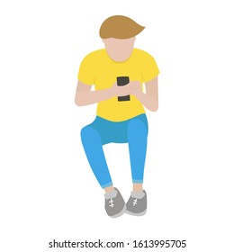 Man with smartphone. Isolated character on white background. Flat design. Can be used for illustration of articles, blogs, websites, stickers, booklets, flyers, landings, messengers.  Phone addiction.