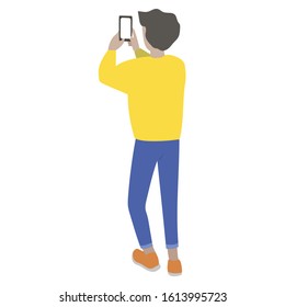 Man with smartphone. Isolated character on white background. Flat design. Can be used for illustration of articles, blogs, websites, stickers, booklets, flyers, landings, messengers.  Phone addiction.