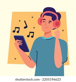 man with smartphone listening music