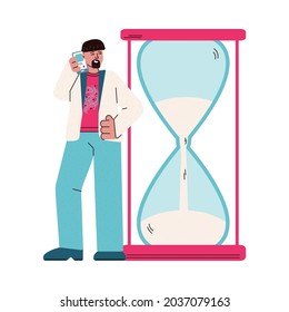 Man with smartphone looking at time left on giant hourglass - cartoon person talking on the phone and checking the sand on sand clock. Flat isolated vector illustration.