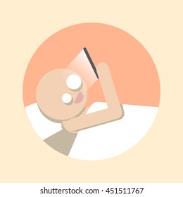 Man with Smartphone lying in bed. Flat icon. Stock vector illustration.