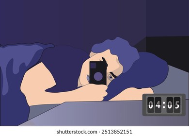 Man with smartphone lying in bed at home, vector illustration. Sleep disorder, insomnia