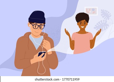 Man with smartphone makes video call with young black woman. Online conference, virtual meeting with friend or colleague. Girl and guy talk by mobile phone. Remote communication vector illustration