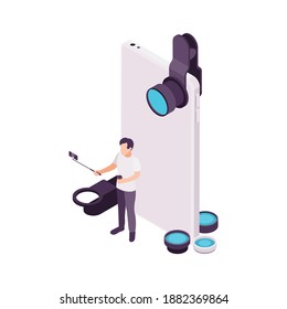 Man with smartphone making video vlogging isometric concept 3d vector illustration