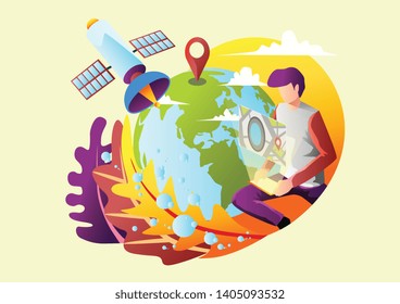 a man with smartphone map route navigation, point marker, GPS navigation, destination arrow, satellite, flat illustration design