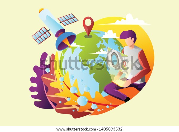 a man with smartphone map route navigation, point\
marker, GPS navigation, destination arrow, satellite, flat\
illustration design