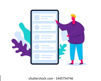 Man with smartphone. Modern vector illustration. Different apps, chatbot, taxi theme. Cool design and vector art. 