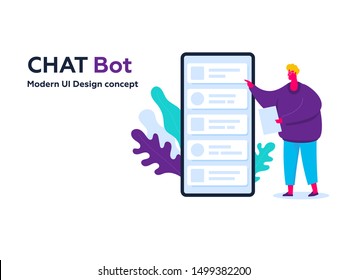 Man with smartphone. Modern vector illustration. Different apps, chatbot, taxi theme. Cool design and vector art. 