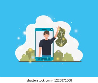 man in smartphone on landscape