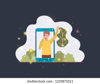 man in smartphone on landscape