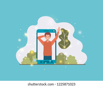 man in smartphone on landscape